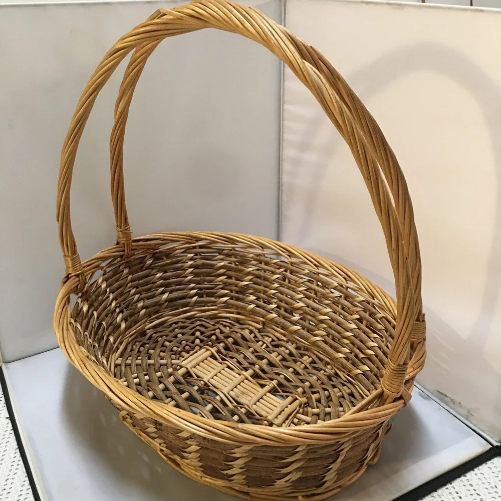 Woven Wicker Basket Large Brown Oval Double Handle Gathering Rustic Farmhouse